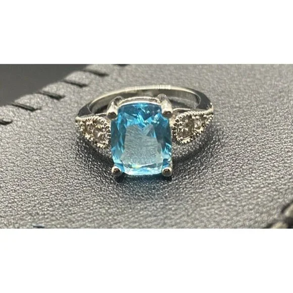 Emerald Cut Lab Blue Topaz Ring  CZ  Accents Size 5.75 3.4 grams Silver Plated - Picture 2 of 8